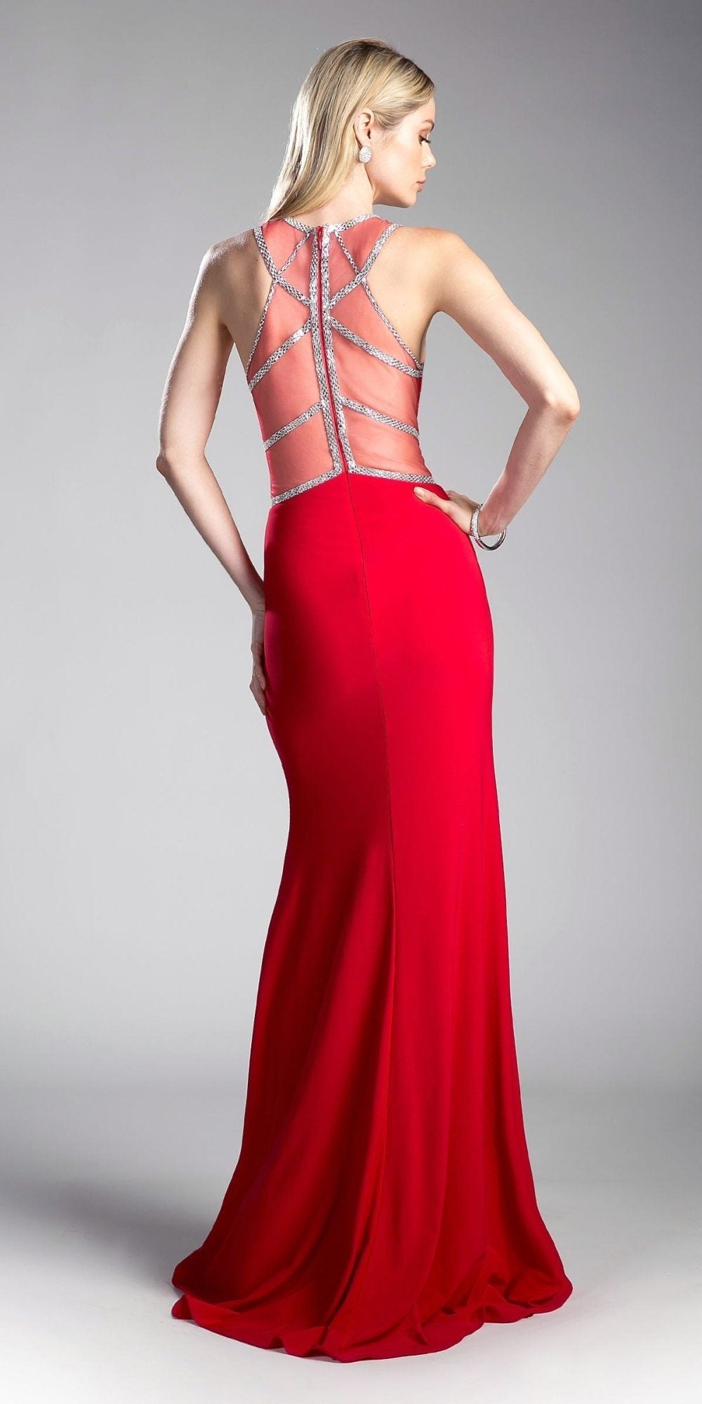 Cinderella Divine CD0115 Formal Gown Sheer Cut-Out Bodice with Slit by DiscountDressShop
