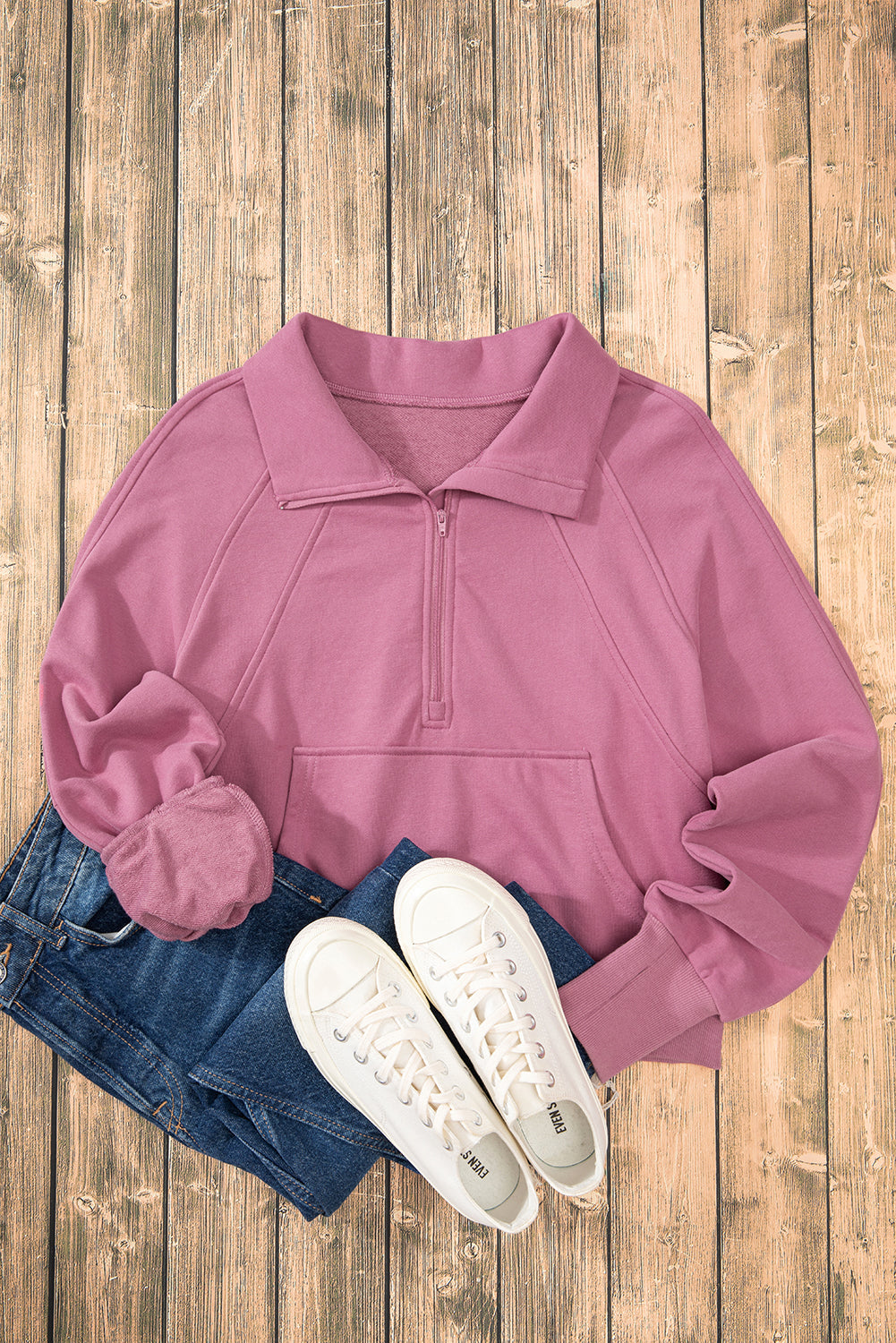 Smoke Green Quarter Zip Stand Neck Kangaroo Pocket Sweatshirt by Wild and Free Boutique