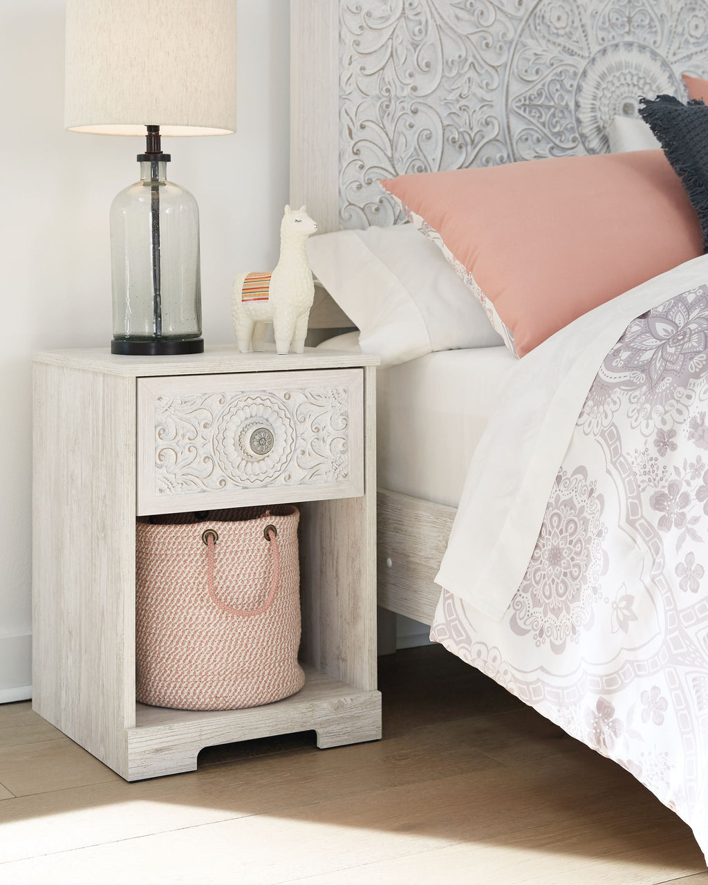 Paxberry - One Drawer Night Stand - Open Cubby - Whitewash by Unique Piece Furniture