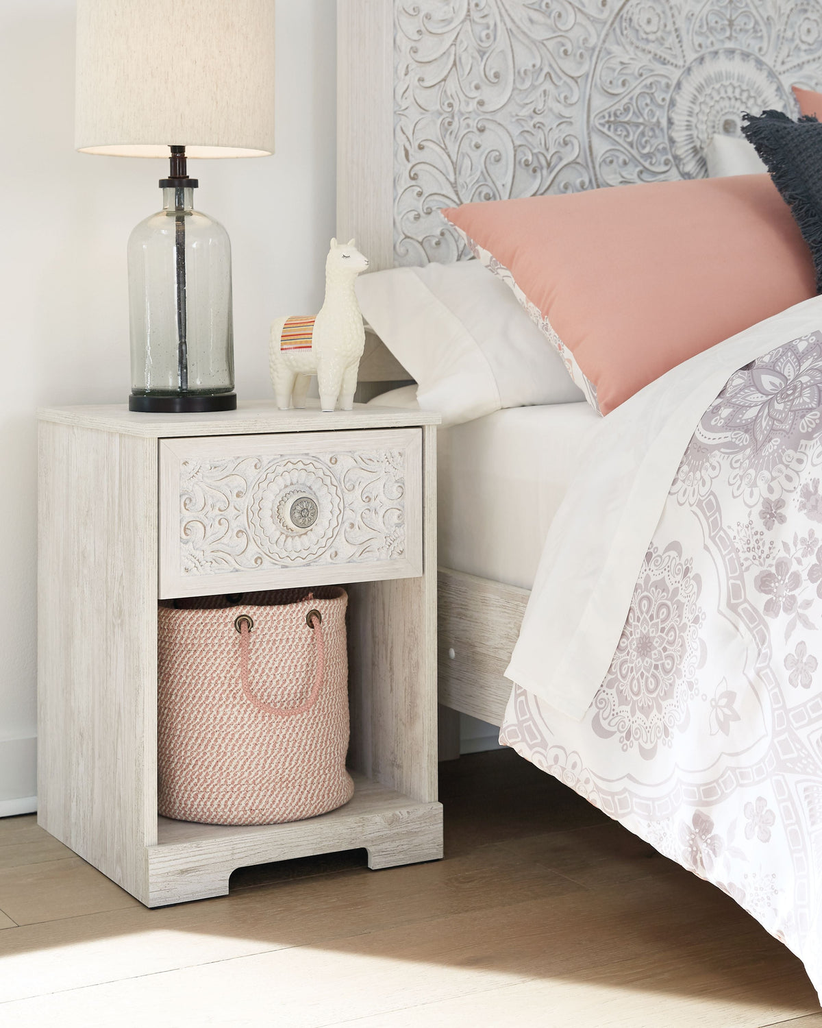 Paxberry - One Drawer Night Stand - Open Cubby - Whitewash by Unique Piece Furniture