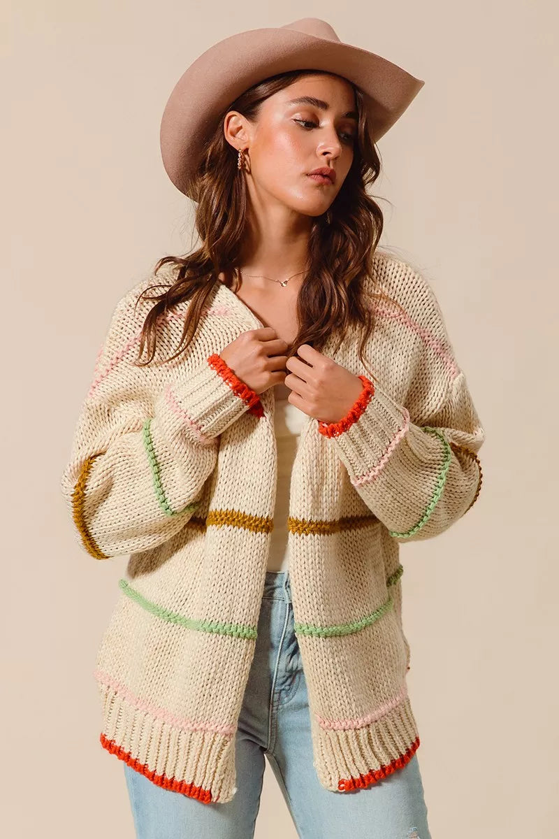SO ME Loose Fit Multi Stripe Open Front Cardigan by FitiqueFit