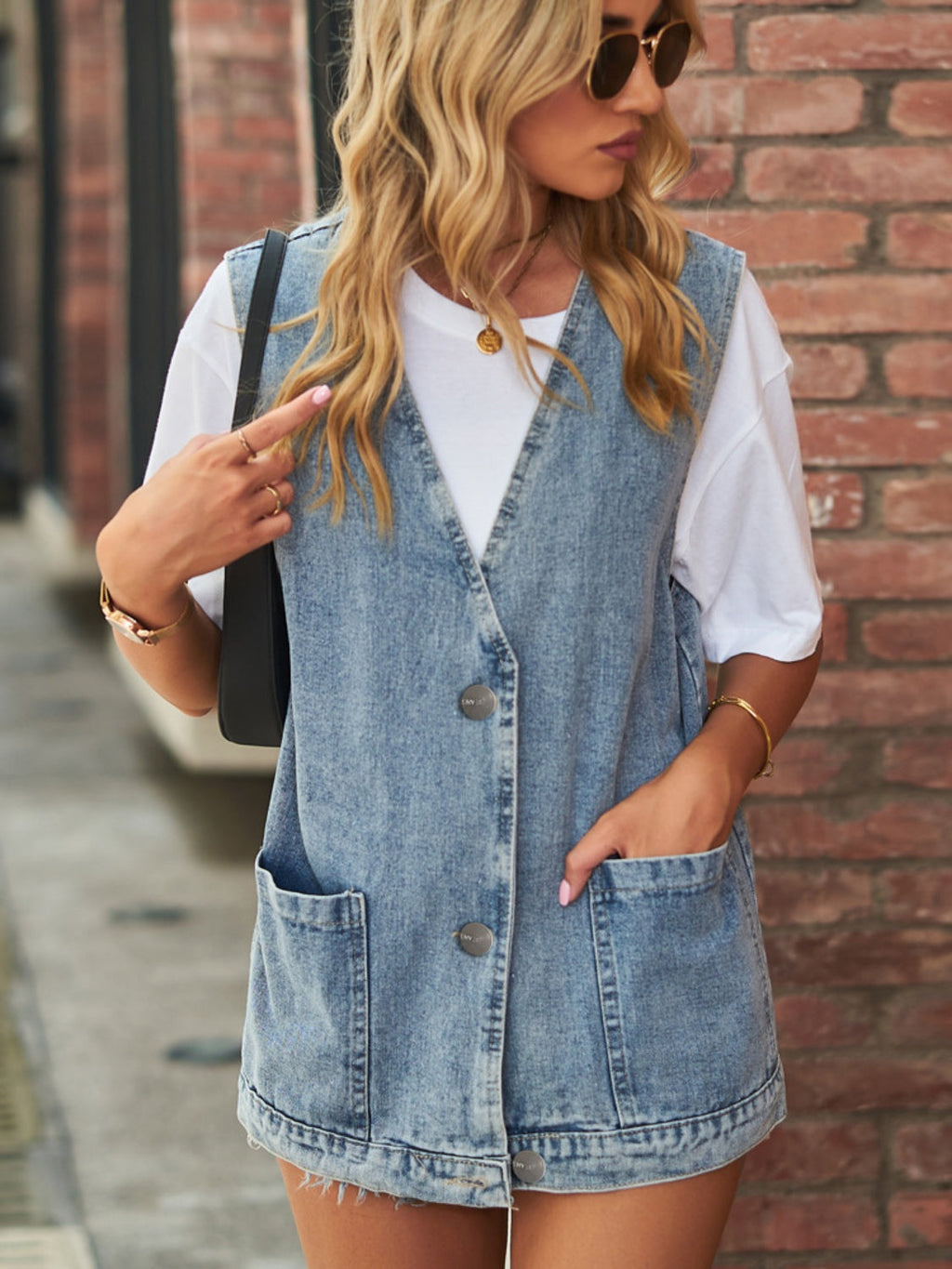 Full Size V-Neck Button Up Denim Vest by Wild and Free Boutique
