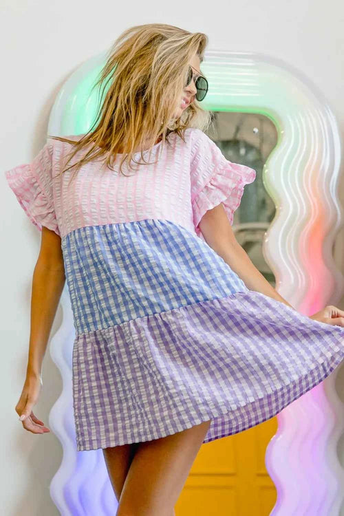 BiBi Plaid Color Block Tiered Top by Wild and Free Boutique
