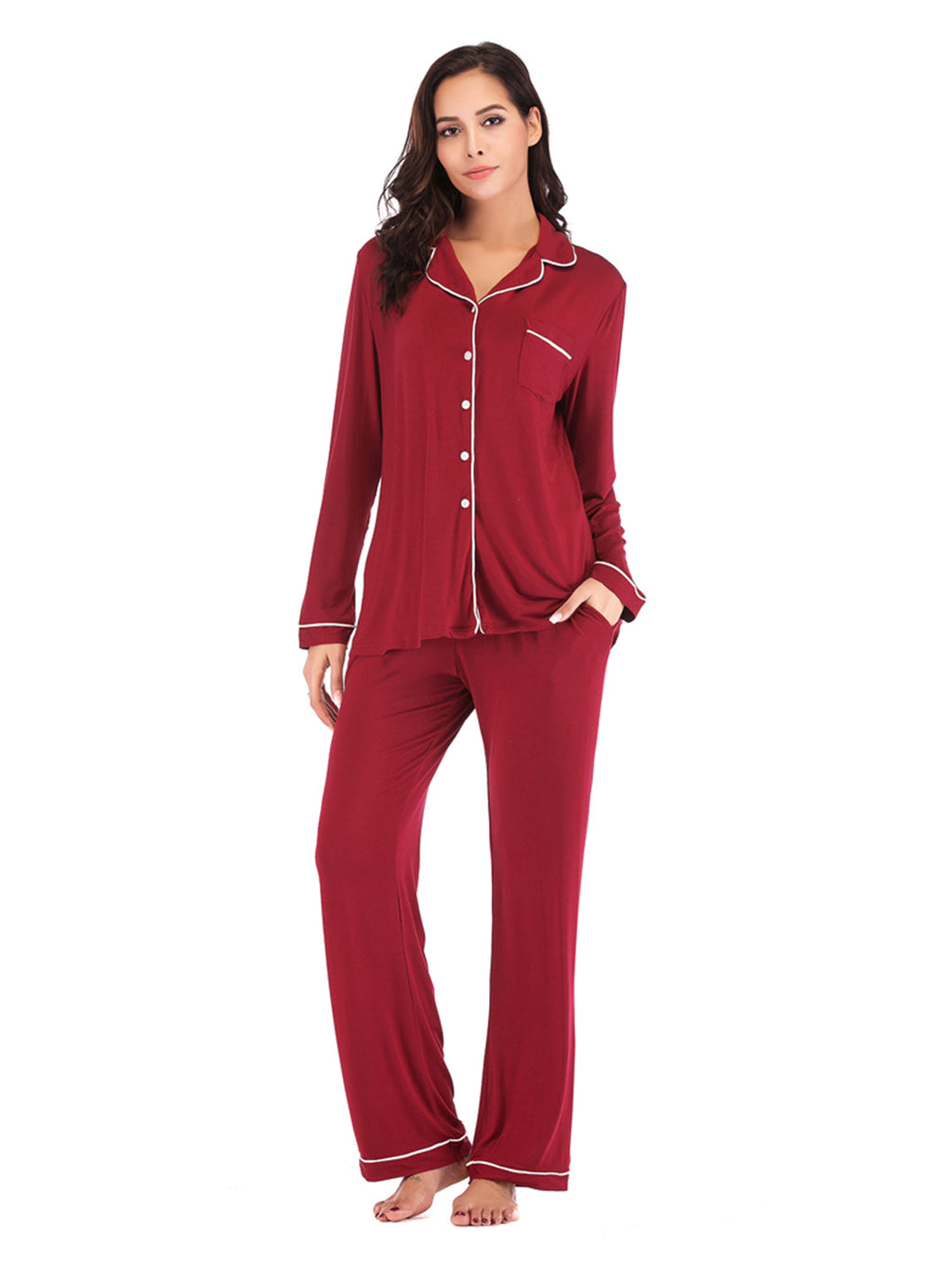 Collared Neck Long Sleeve Loungewear Set with Pockets by Wild and Free Boutique