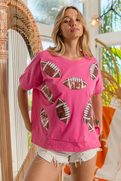 BiBi Game Day Sequins Patched Half Sleeves Top by Wild and Free Boutique