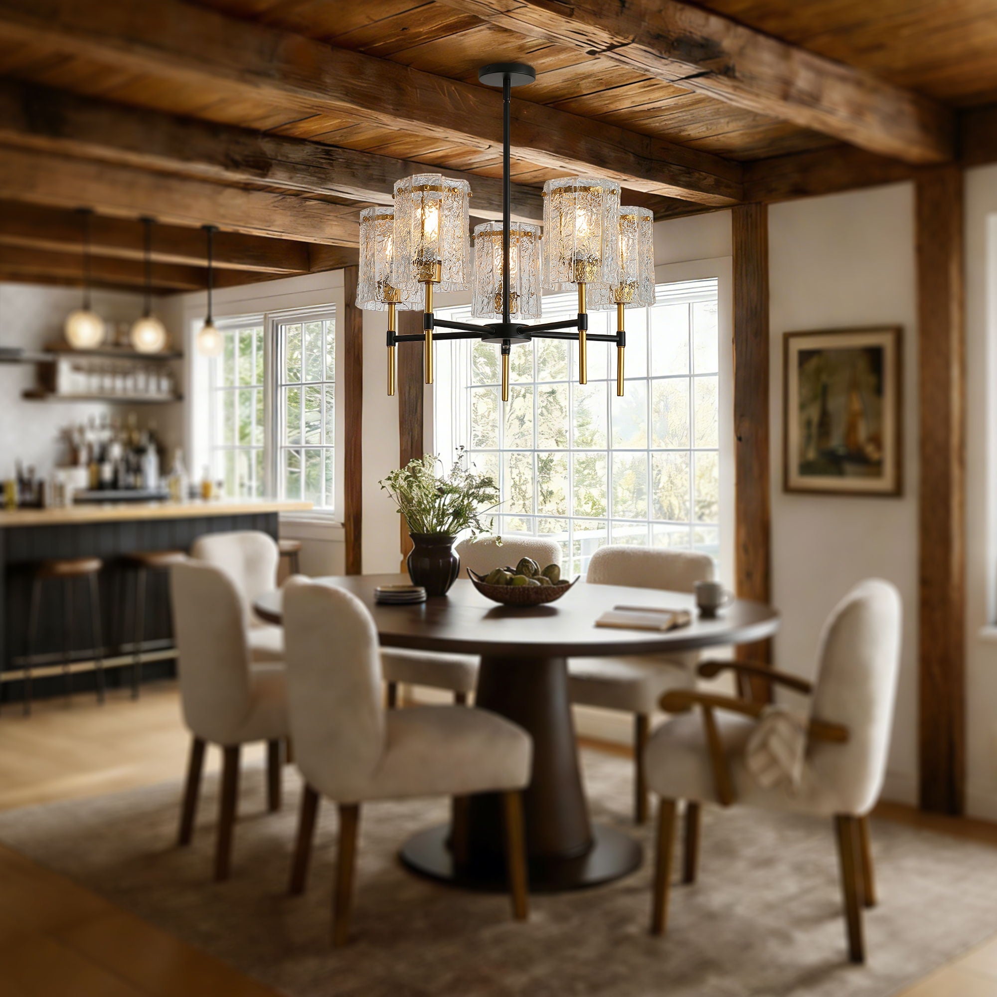 5 Light Chandelier, Textured Glass Pendant Light, (Not Including The Bulb) For Living Room - Black / Gold by Unique Piece Furniture