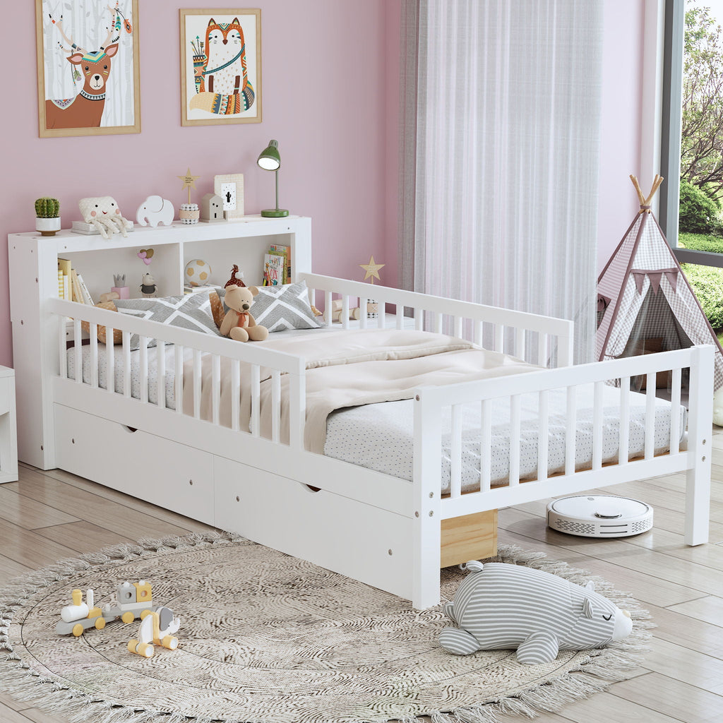 Bed With Headboard Storage Rack, 2 Under Bed Drawers, 3 Side Guardrails For Safety by Unique Piece Furniture