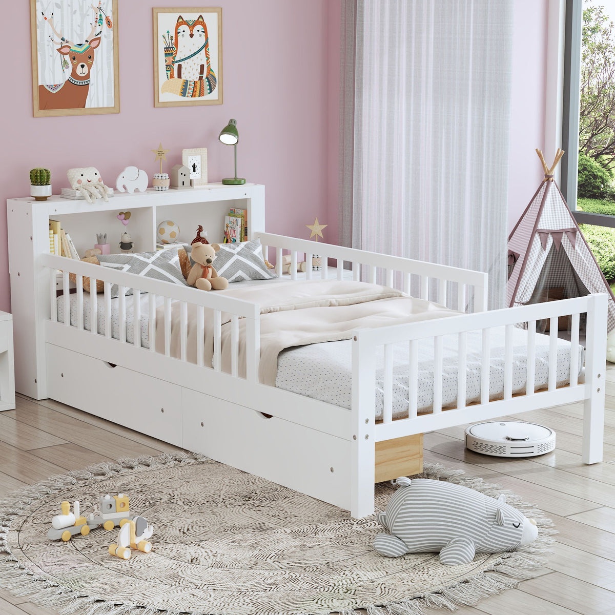 Bed With Headboard Storage Rack, 2 Under Bed Drawers, 3 Side Guardrails For Safety by Unique Piece Furniture