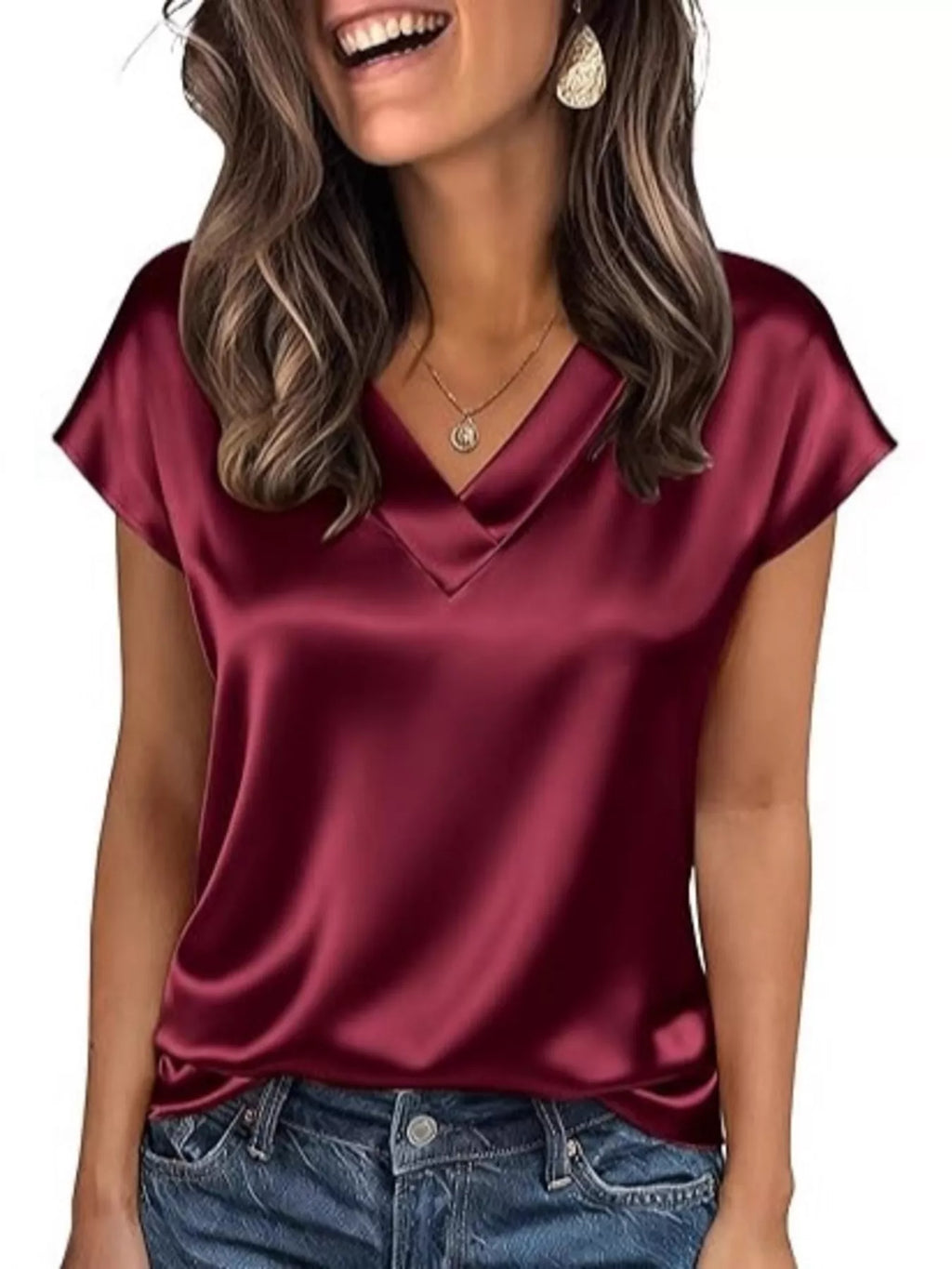 Satin V-Neck Short Sleeve Blouse by Wild and Free Boutique