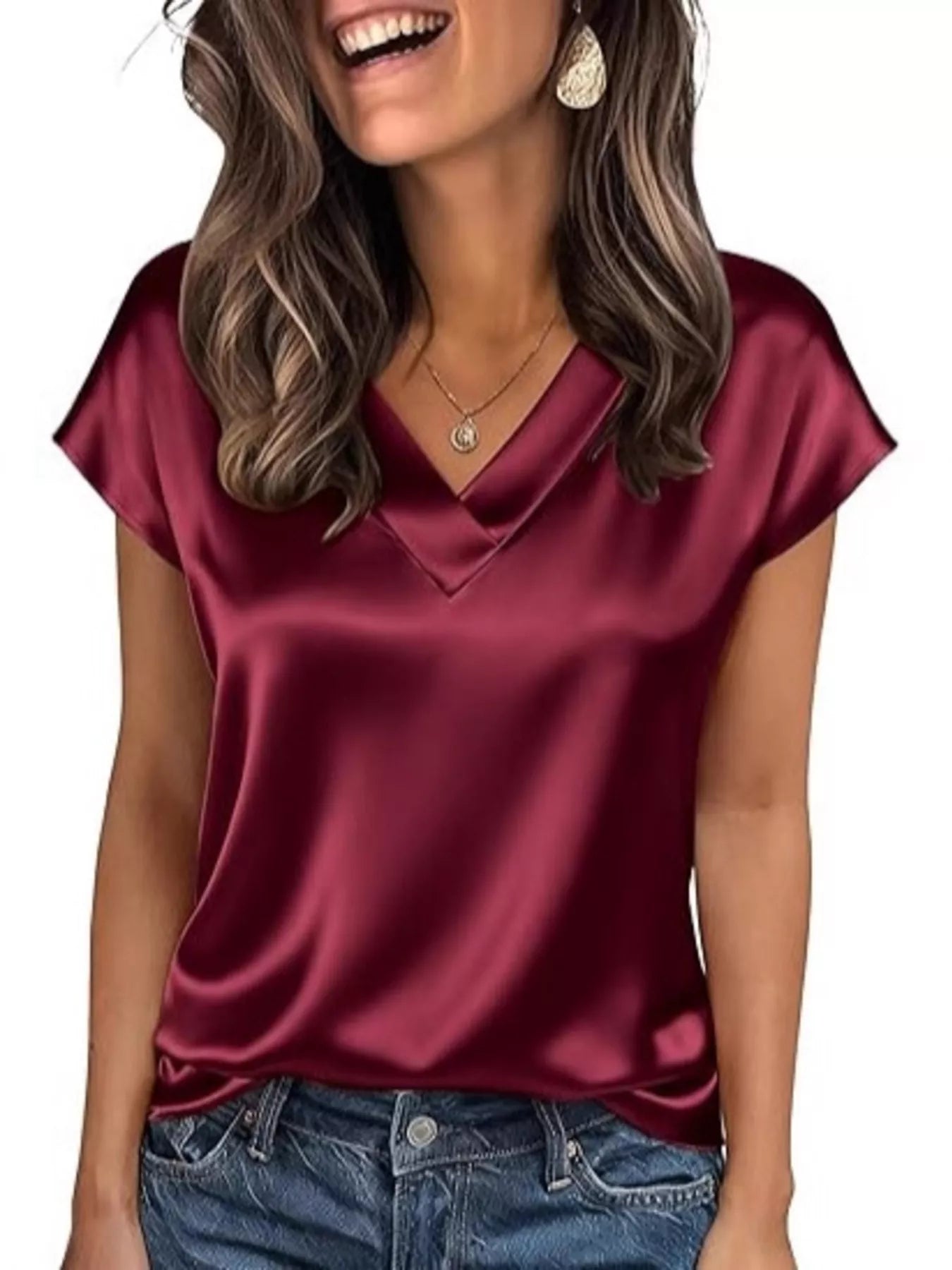 Satin V-Neck Short Sleeve Blouse by Wild and Free Boutique