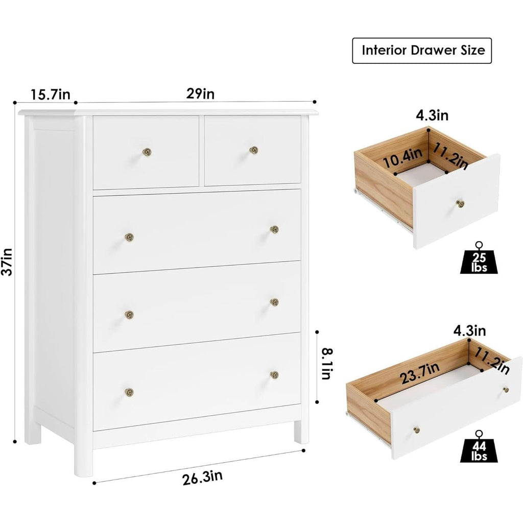 White Five Drawer Dresser For Bedroom Organization by ShipItFurniture