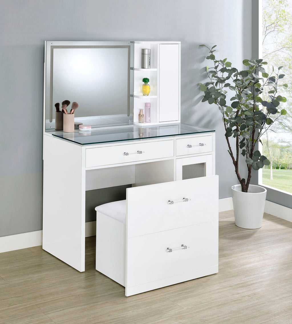Flora 2-drawer Vanity Set with LED Mirror White High Gloss by Unique Piece Furniture