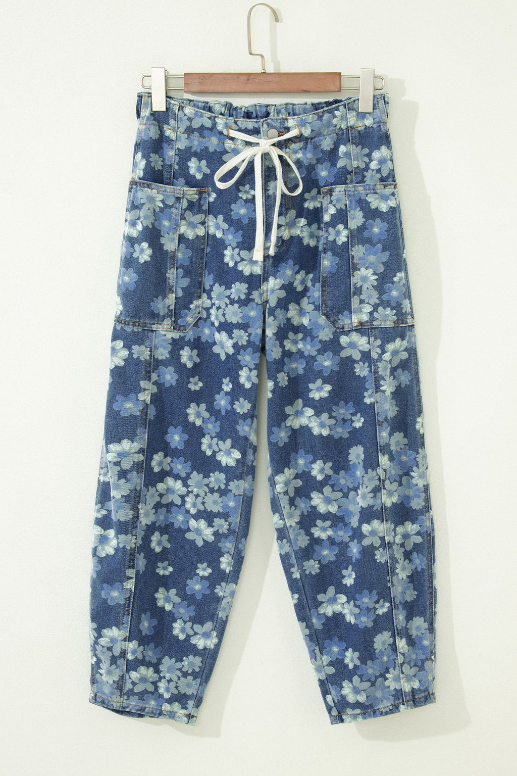 Sky Blue Dainty Floral Printed Drawstring Barrel Jeans by Wild and Free Boutique