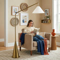 Lisbon - Floor Lamp With On / Off Switch Coned Base Hanging Shade - Antique Brass / White by Unique Piece Furniture