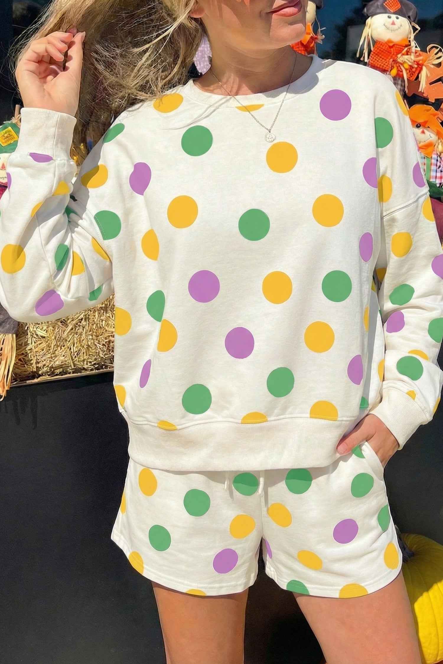 Multicolour Polka Dot Print Drop Shoulder Pullover Drawstring Shorts Set by Dear-Lover Dropshipping