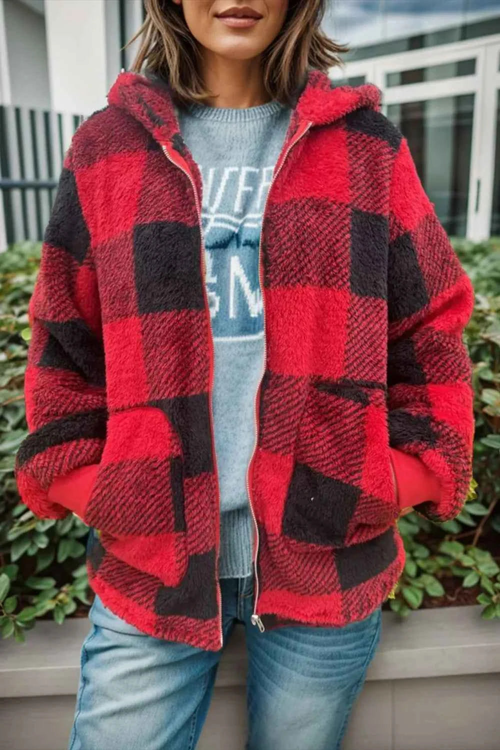 Double Take Full Size Plaid Long Sleeve Hooded Coat by Wild and Free Boutique
