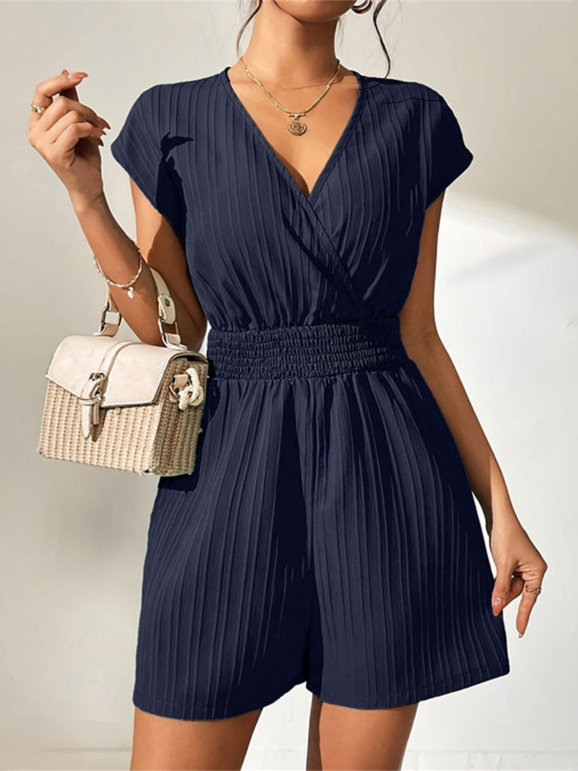 Tied Surplice Short Sleeve Romper by Wild and Free Boutique