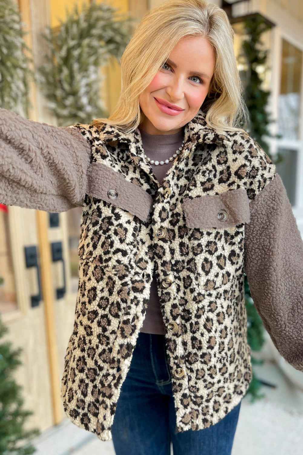 Brown Sherpa Leopard Print Flap Pocket Collared Button Up Jacket by Wild and Free Boutique