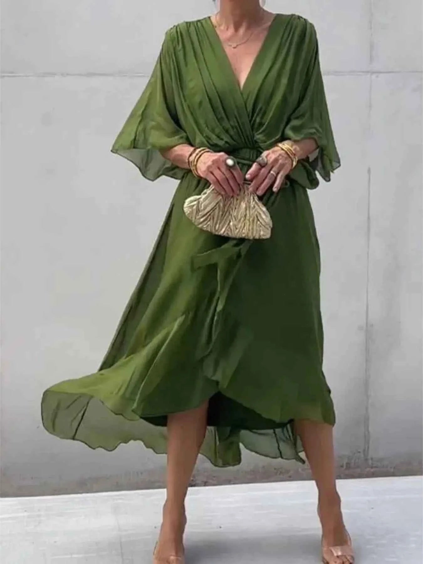 Flowy Tie Front Midi Dress with Flutter Sleeves