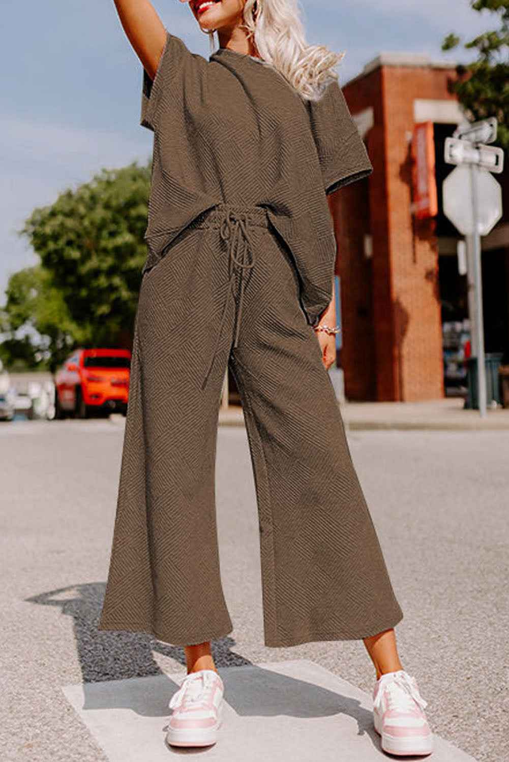 Brown Textured Loose Fit T Shirt and Drawstring Pants Set by Wild and Free Boutique