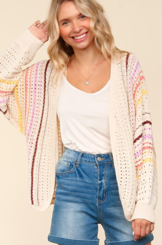 Haptics Full Size Striped Crochet Open Front Cardigan by Wild and Free Boutique
