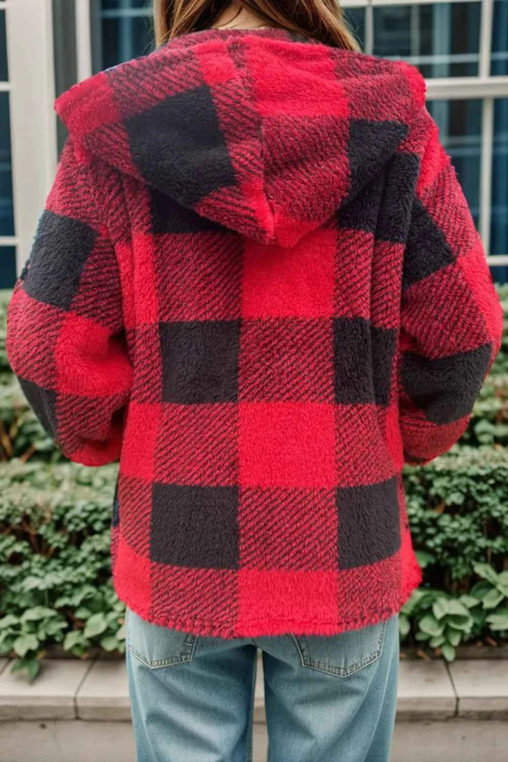 Double Take Full Size Plaid Long Sleeve Hooded Coat by Wild and Free Boutique