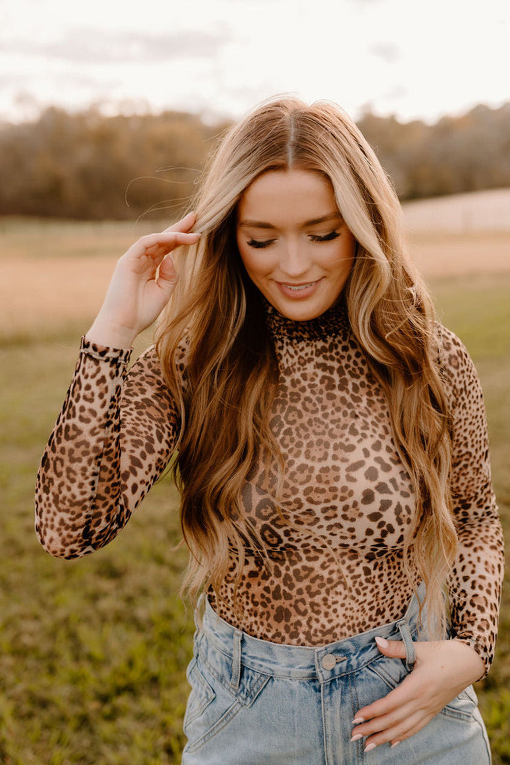 Brown Leopard Smocked Neck Mesh Long Sleeve Bodysuit by Dear-Lover Dropshipping