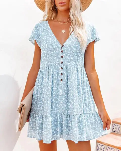 V-Neck Button Floral Short Sleeve Casual Dress by Trendy Attic Store01