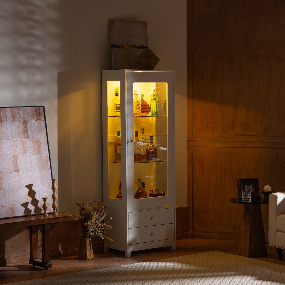 Modern Upholstered Glass Display Cabinet With Adjustable LED Light - White by Unique Piece Furniture