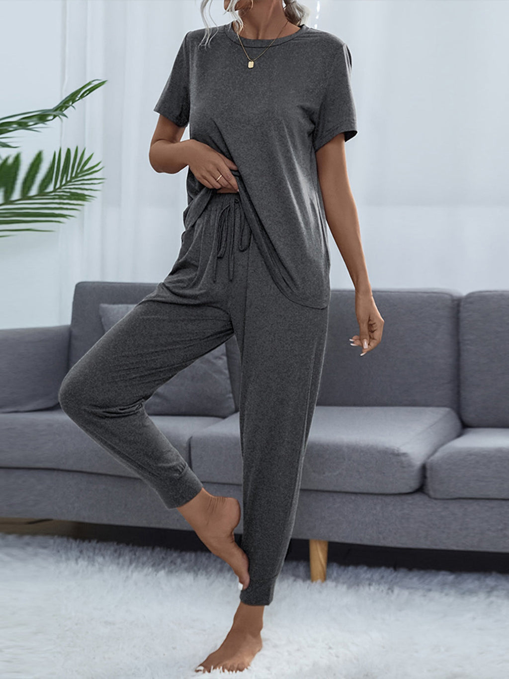 Shiny Round Neck Short Sleeve Top and Pants Set by Wild and Free Boutique