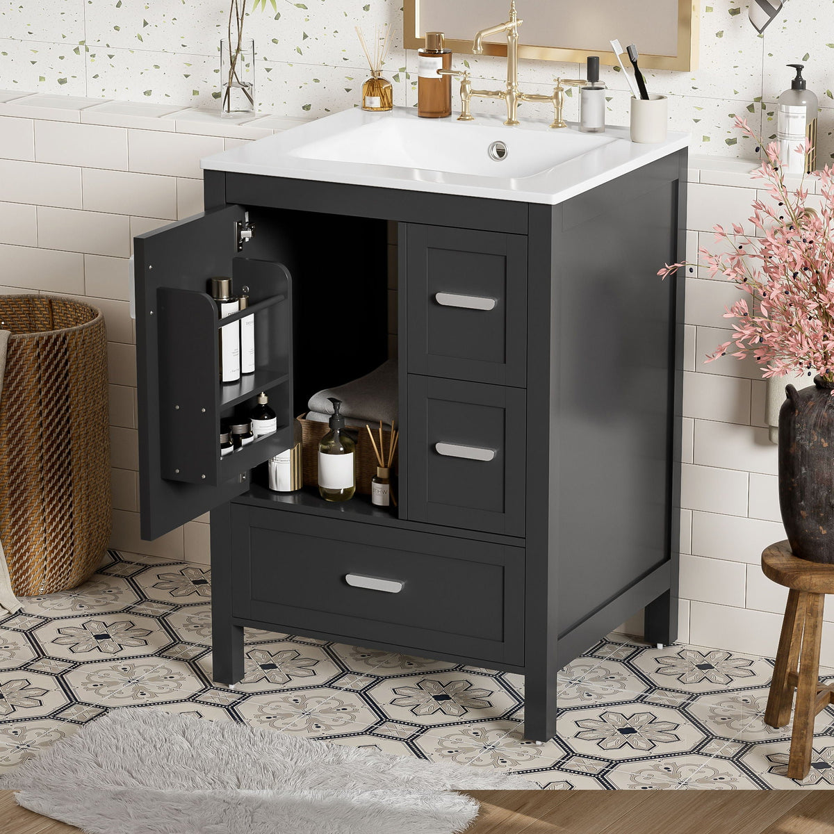 Bathroom Vanity With Sink, Soft-Close Doors, Double-Layer Shelf And 3 Drawers by Unique Piece Furniture