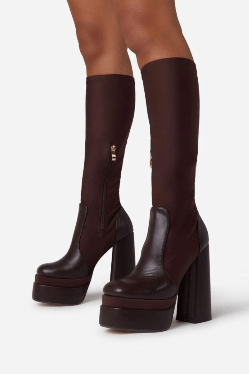 Chocolate Knee-High Stretch Platform Boots by Blaire Shops
