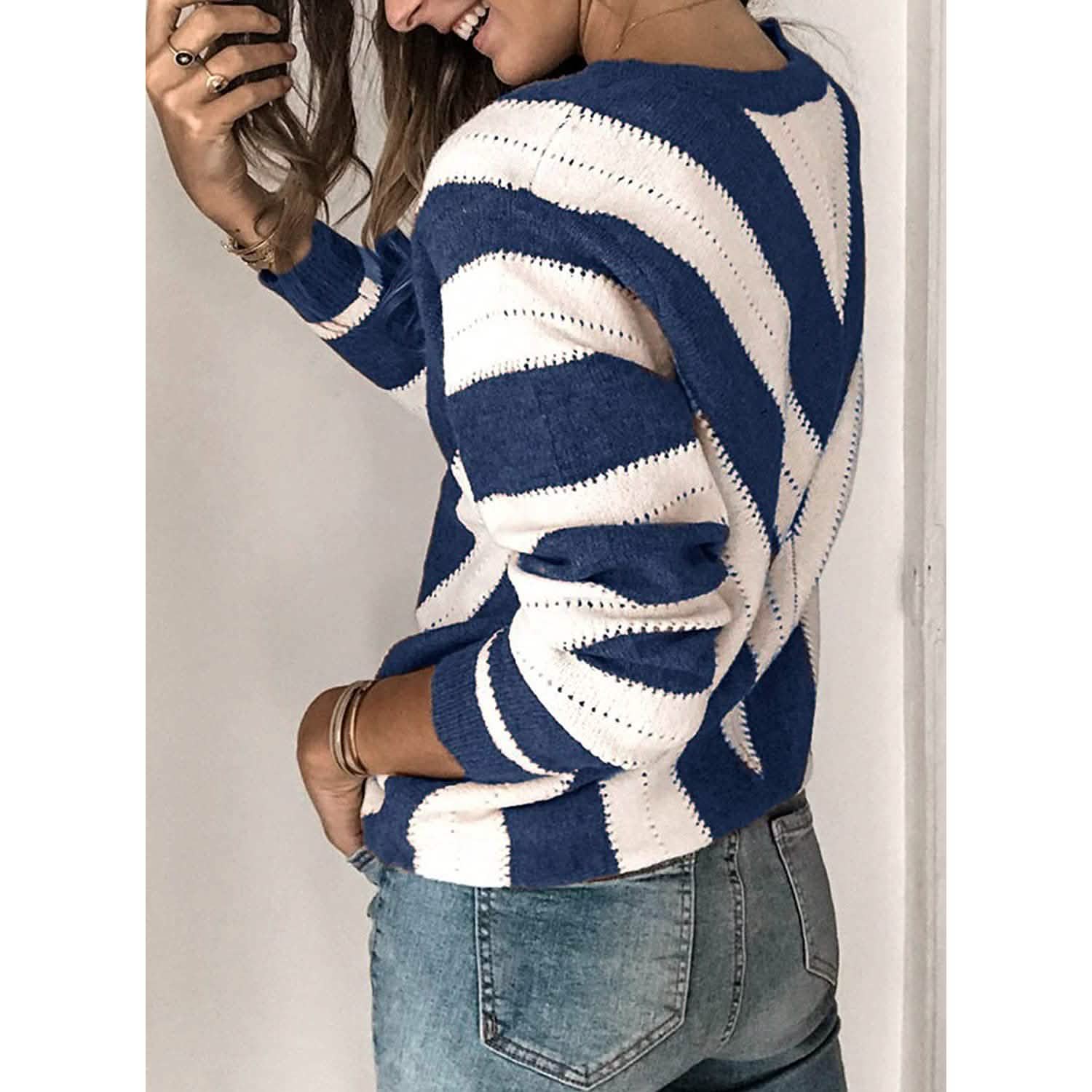 Color Block Striped V Neck Sweater for Women Long Sleeve Knit Pullover Jumper Tops by DailySale