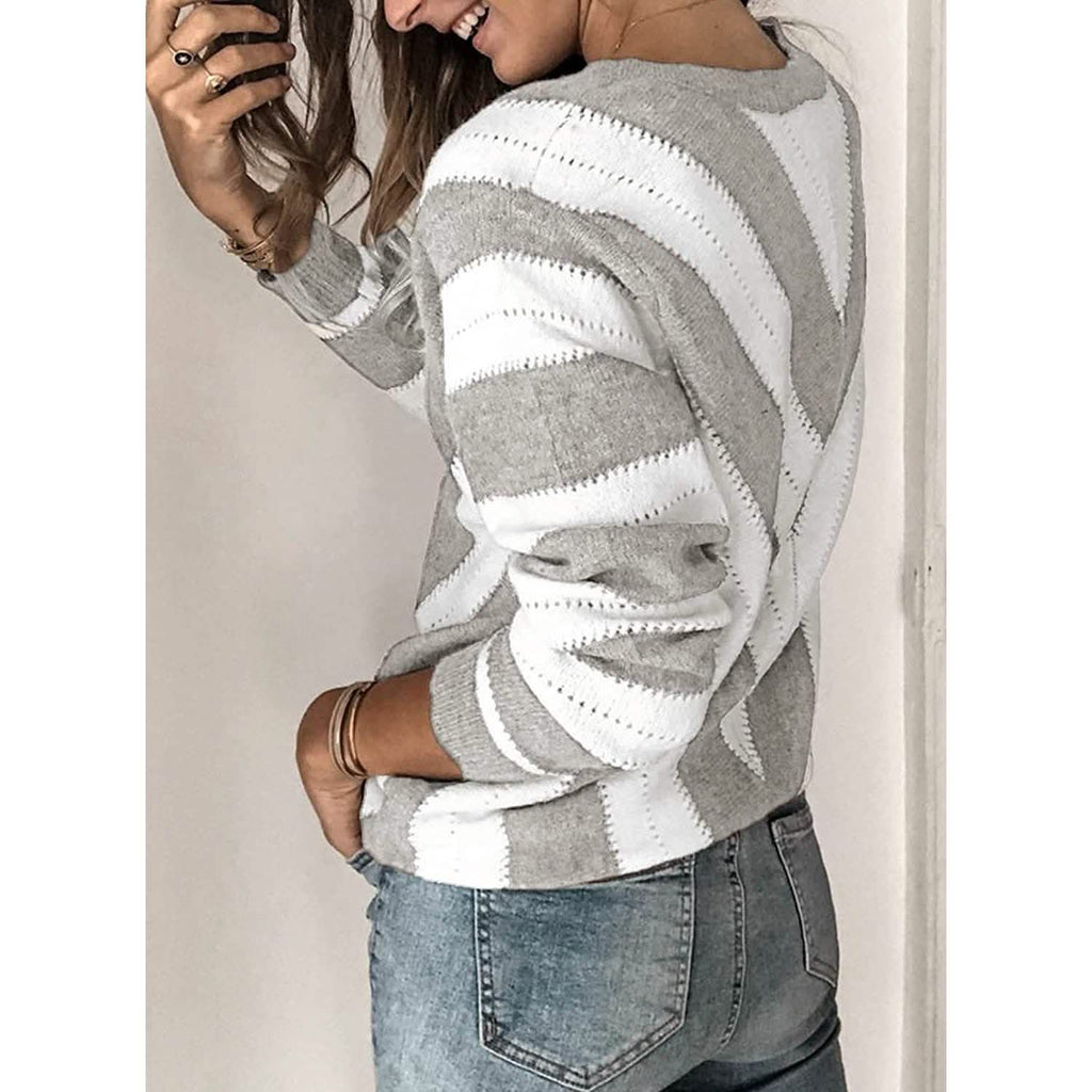 Color Block Striped V Neck Sweater for Women Long Sleeve Knit Pullover Jumper Tops by DailySale