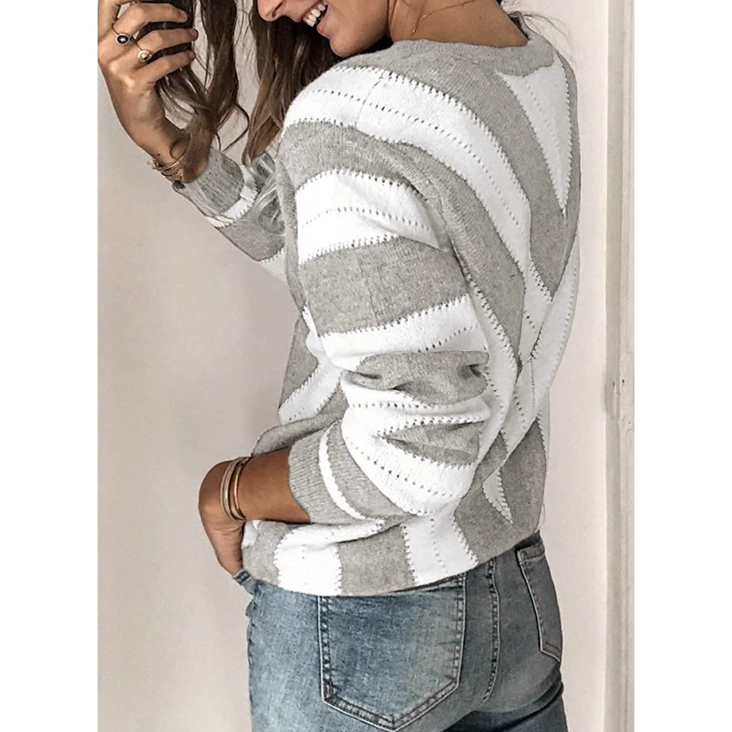 Color Block Striped V Neck Sweater for Women Long Sleeve Knit Pullover Jumper Tops by DailySale