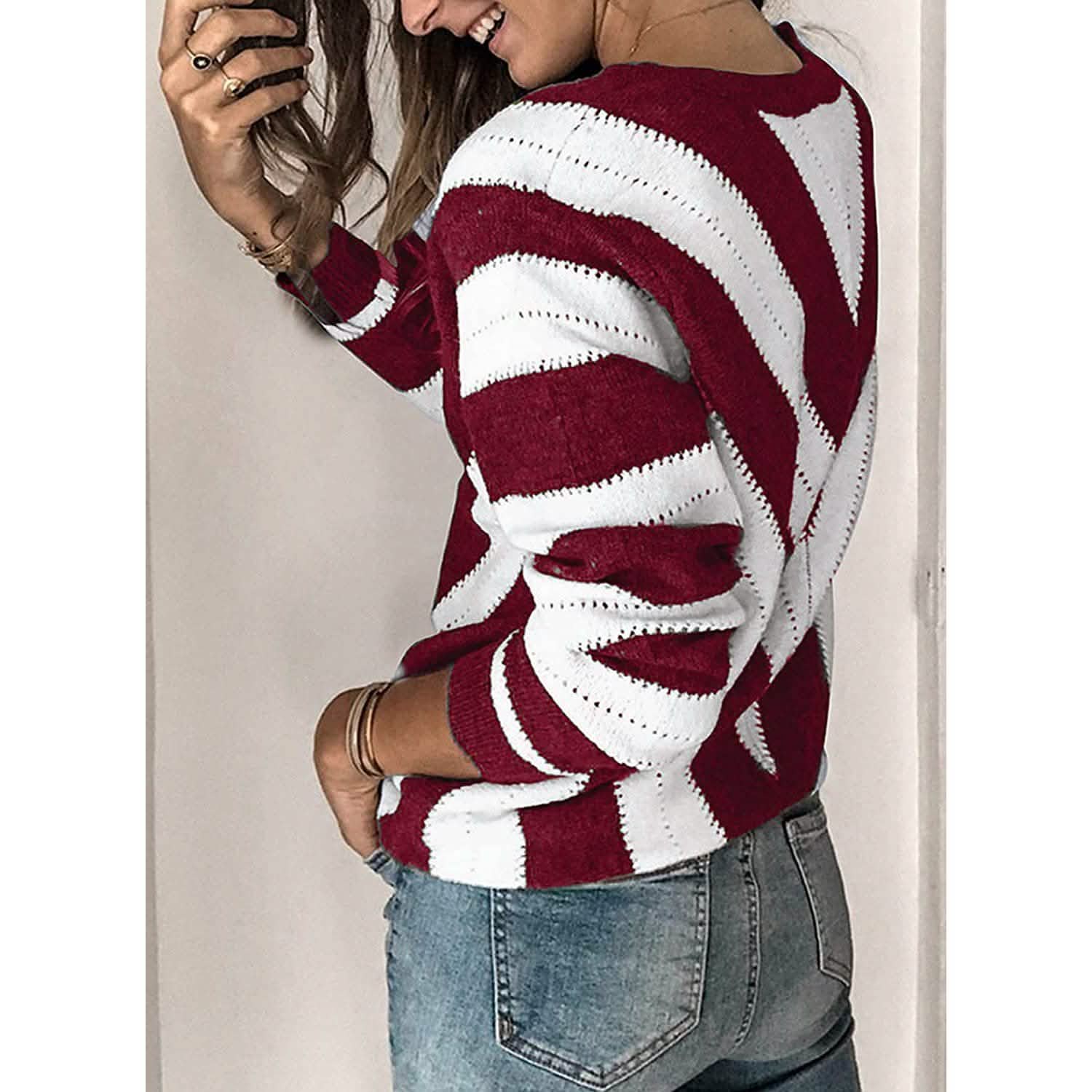 Color Block Striped V Neck Sweater for Women Long Sleeve Knit Pullover Jumper Tops by DailySale