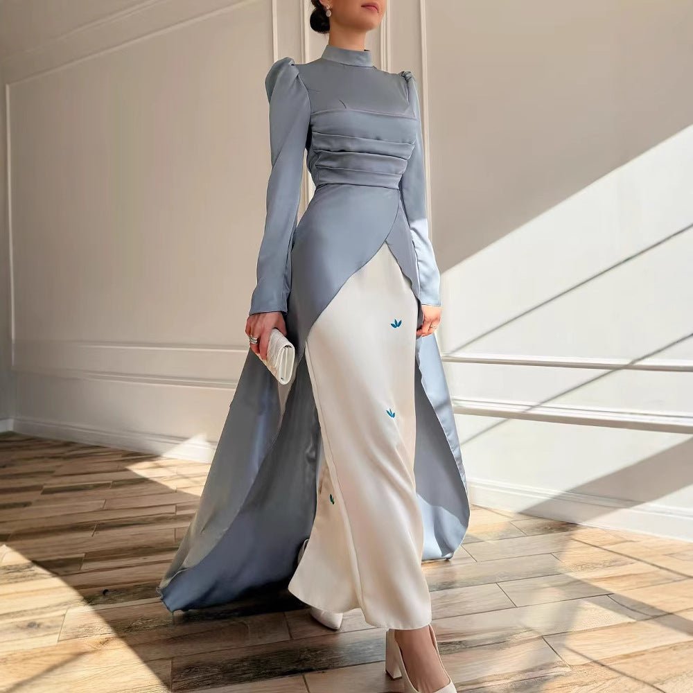 Colorblock Satin Evening Gown with Train(MA351) by Mariam's Collection