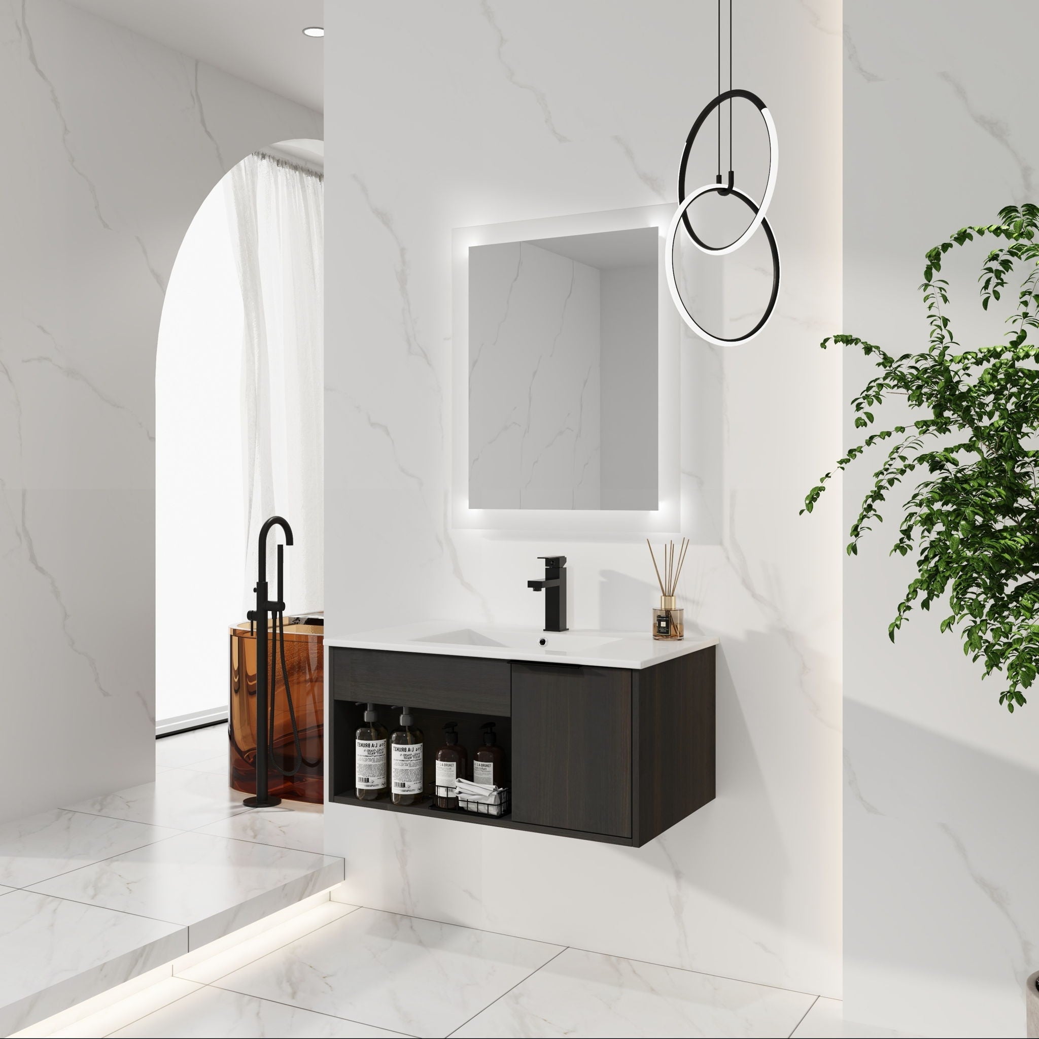 Wall Mounted Floating Bathroom Vanity With Open Shelf & Soft Close Door by Unique Piece Furniture