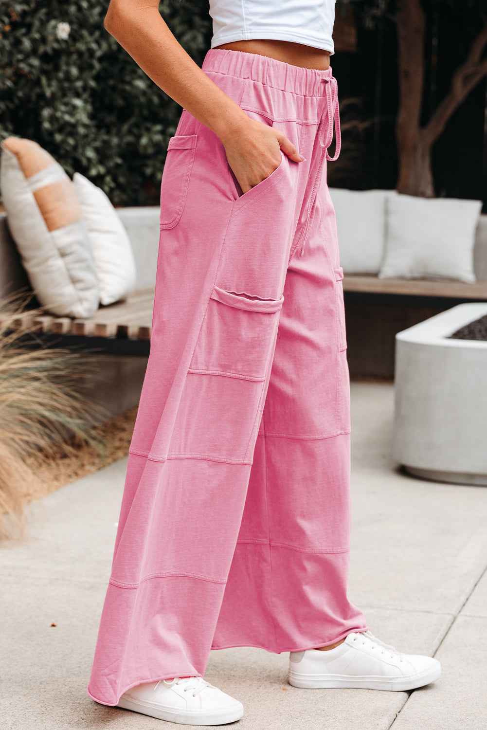 Bonbon Mineral Wash Exposed Seam Drawstring Elastic Waistband Wide Leg Cargo Pants by Dear-Lover Dropshipping