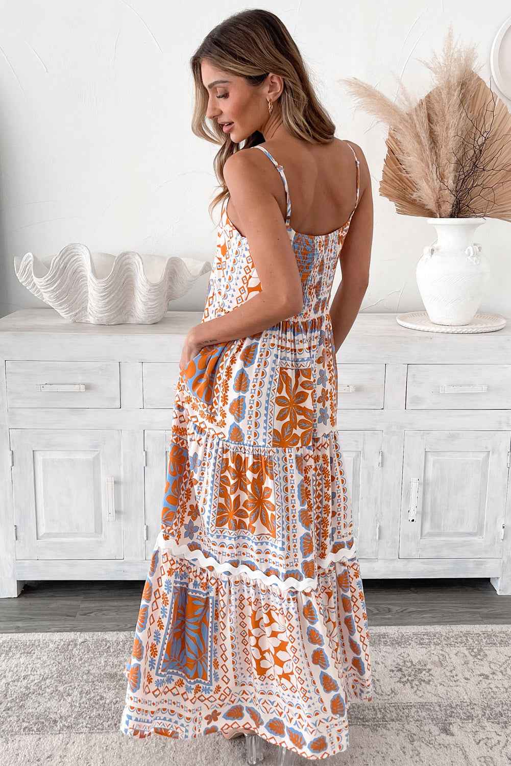 Orange Floral Print Ricrac Trim Spaghetti Straps Maxi Dress by Wild and Free Boutique