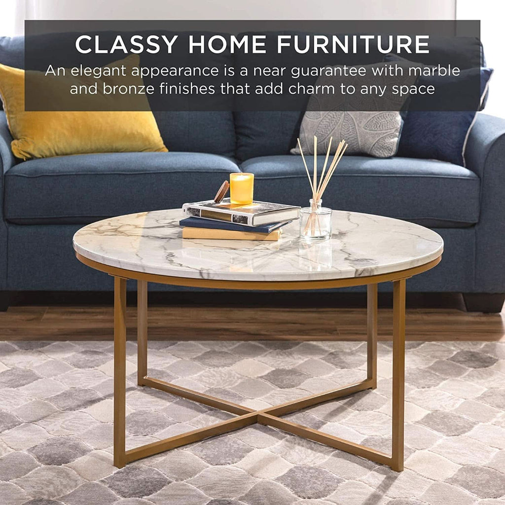 Round Coffee Table With Faux Marble Top Cross Leg Design by ShipItFurniture
