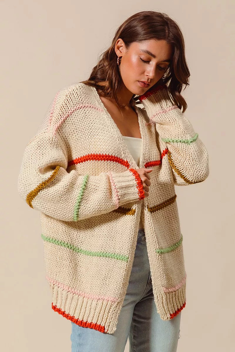 SO ME Loose Fit Multi Stripe Open Front Cardigan by FitiqueFit