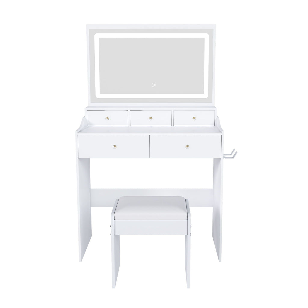 Modern Makeup Vanity Set With Power Outlet, Hair Dryer Holder, And Adjustable Lighting by Unique Piece Furniture