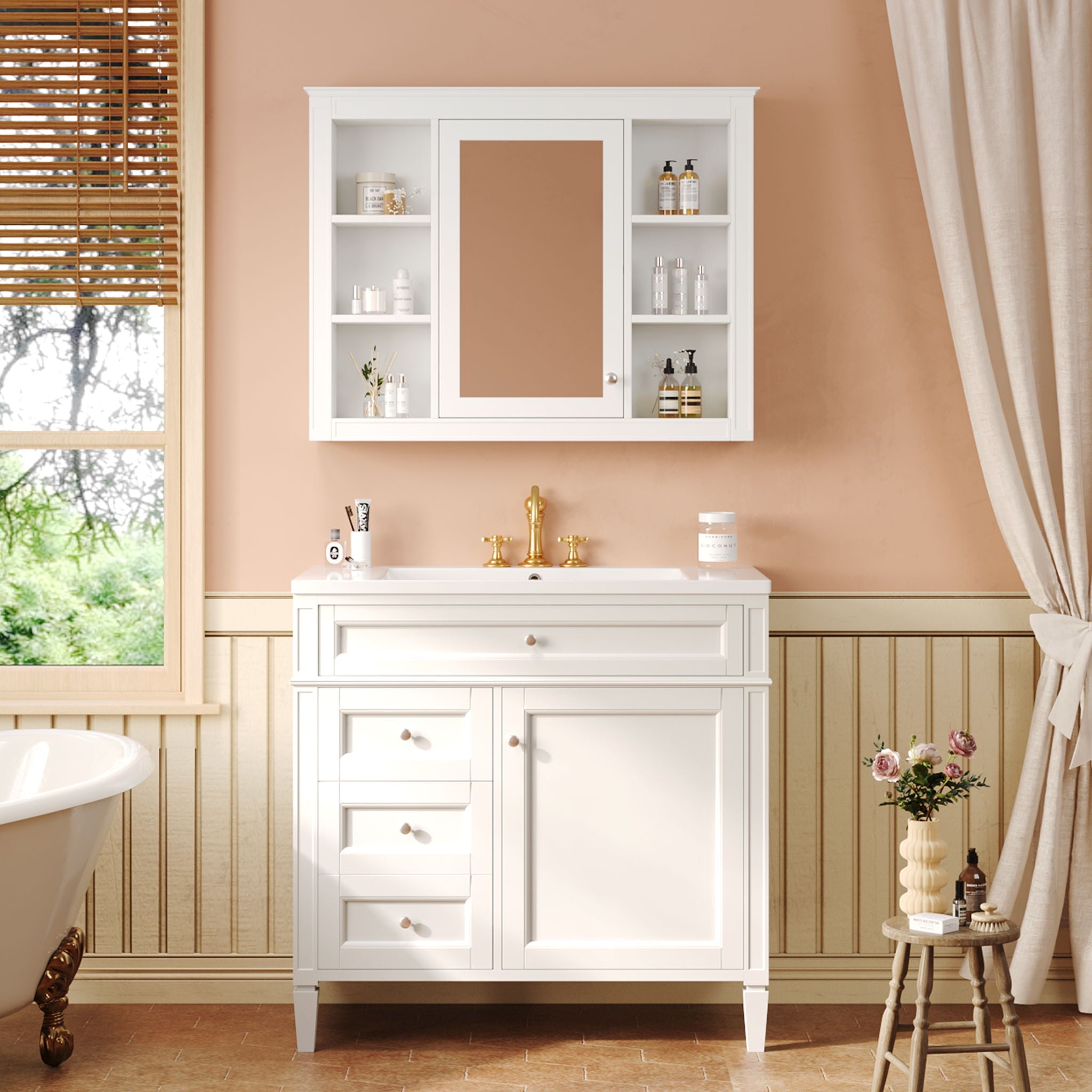 Bathroom Vanity With Mirror Cabinet, Single Sink With 2 Soft Closing Doors And 4 Drawers by Unique Piece Furniture