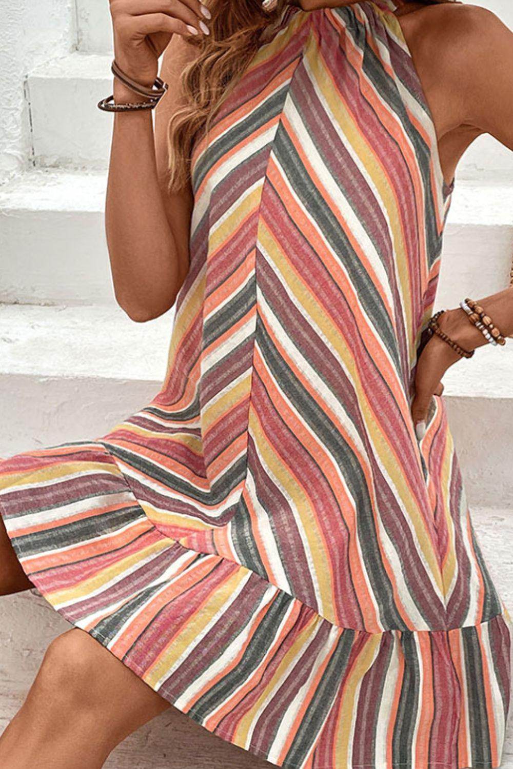 Perfee Striped Round Neck Sleeveless Mini Dress for Women by Selvanelle