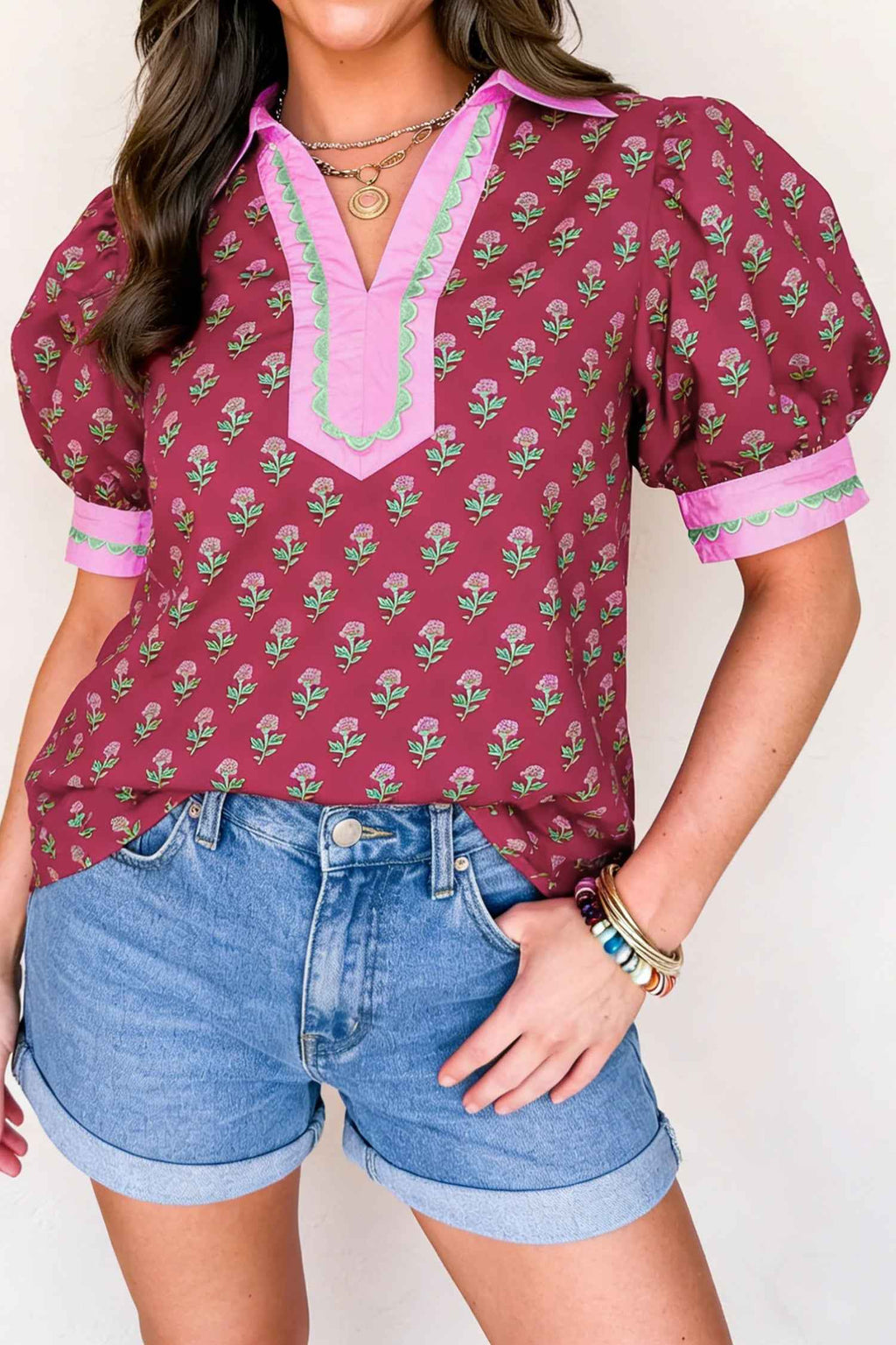 Red Contrast Collared V Neck Ricrac Trim Short Puff Sleeve Flower Blouse by Wild and Free Boutique