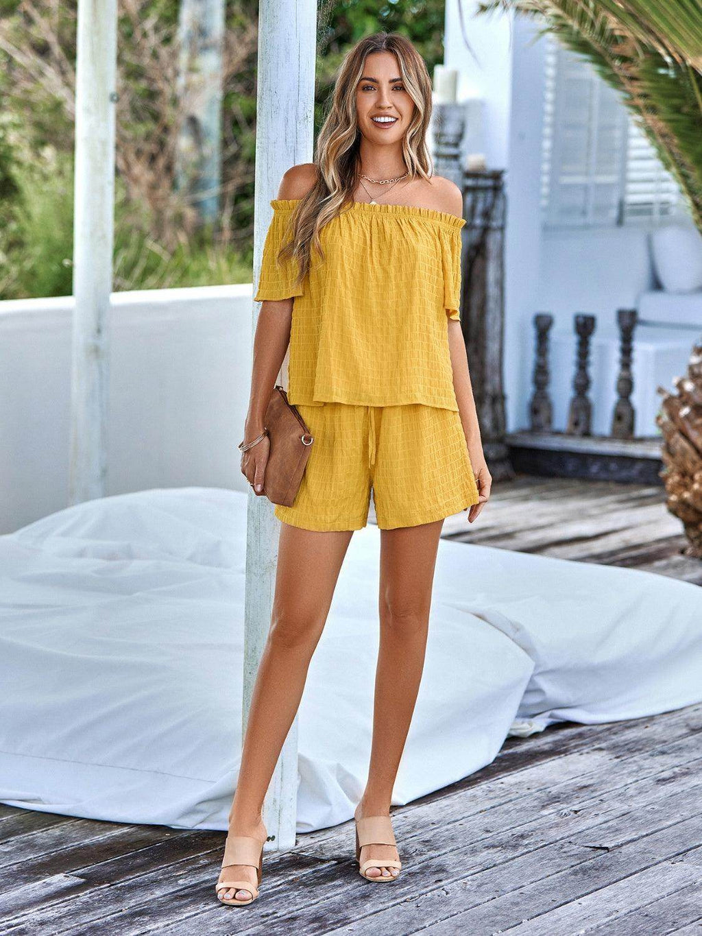 Full Size Off-Shoulder Short Sleeve Top and Tied Shorts Set by Selvanelle