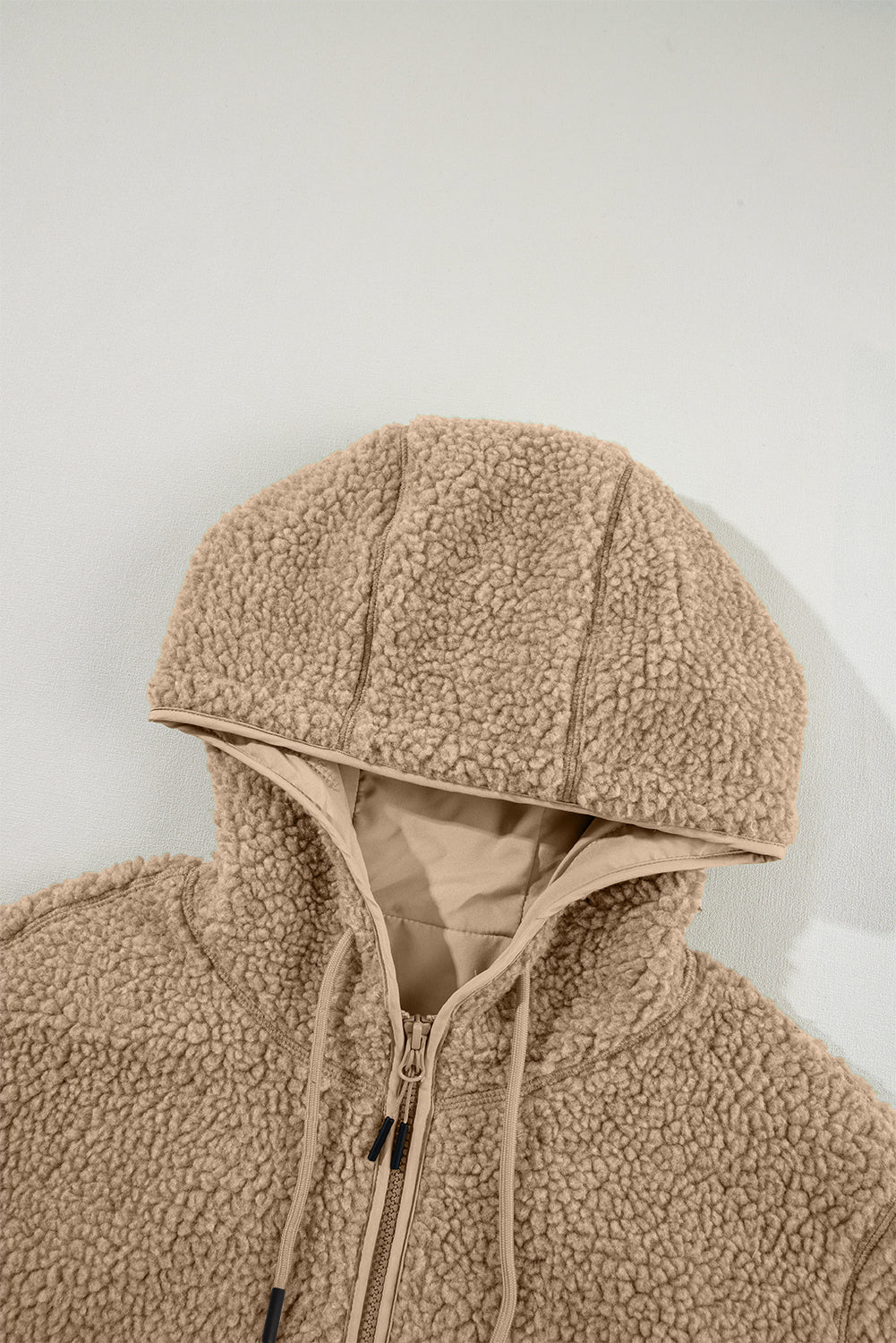 Pale Khaki Fleece Zip Up Drawstring Hooded Pocketed Jacket by Wild and Free Boutique