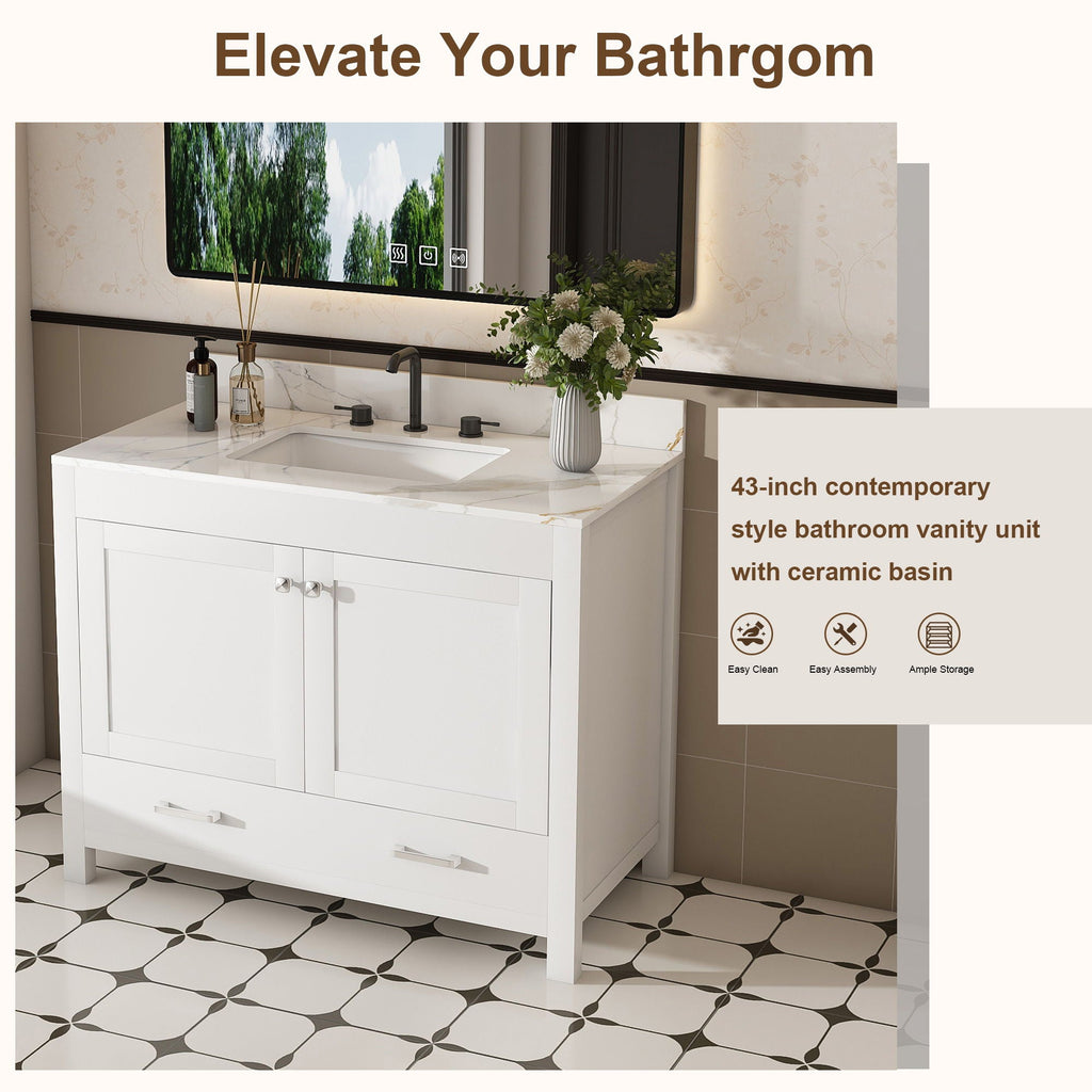43" Bathroom Vanity, Multi Functional Cabinet With Doors And Drawer - White by Unique Piece Furniture