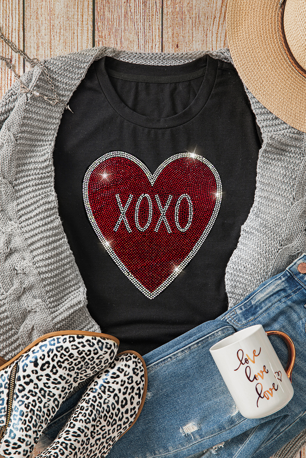 Black Rhinestone XOXO Heart Graphic Crewneck Tee by Dear-Lover Dropshipping